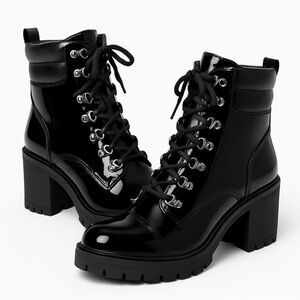 Black Patent Leather Lace-Up Boots
